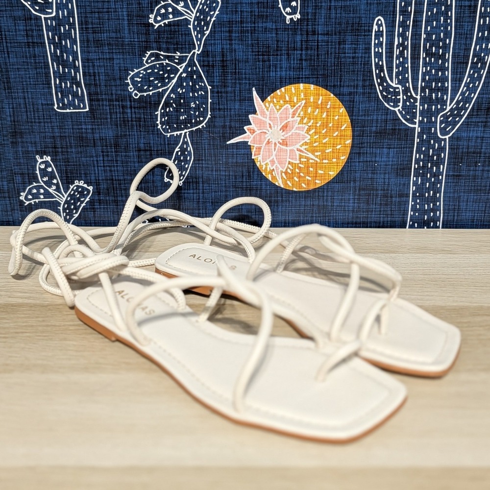 Alohas Leather Wrap Lace Up Square Toe Sandals White Women's Size 39 - Picture 3 of 8